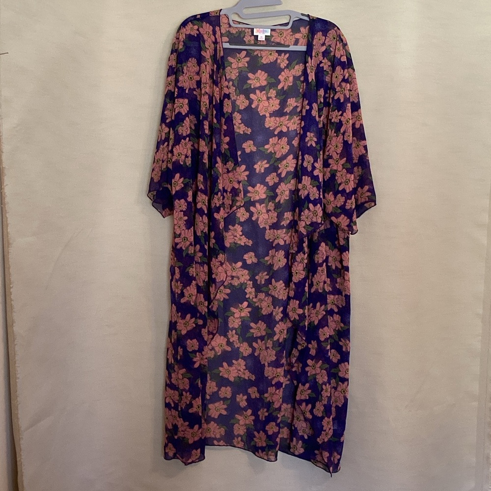 LuLaRoe Navy Sheer Floral Kimono with Pink Blossoms